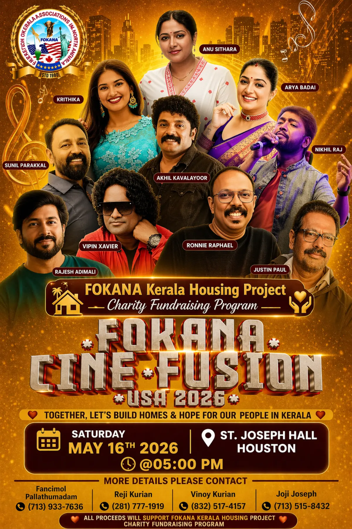 Official flyer for FOKANA Cine Fusion USA 2026 Malayalam stage show in Houston